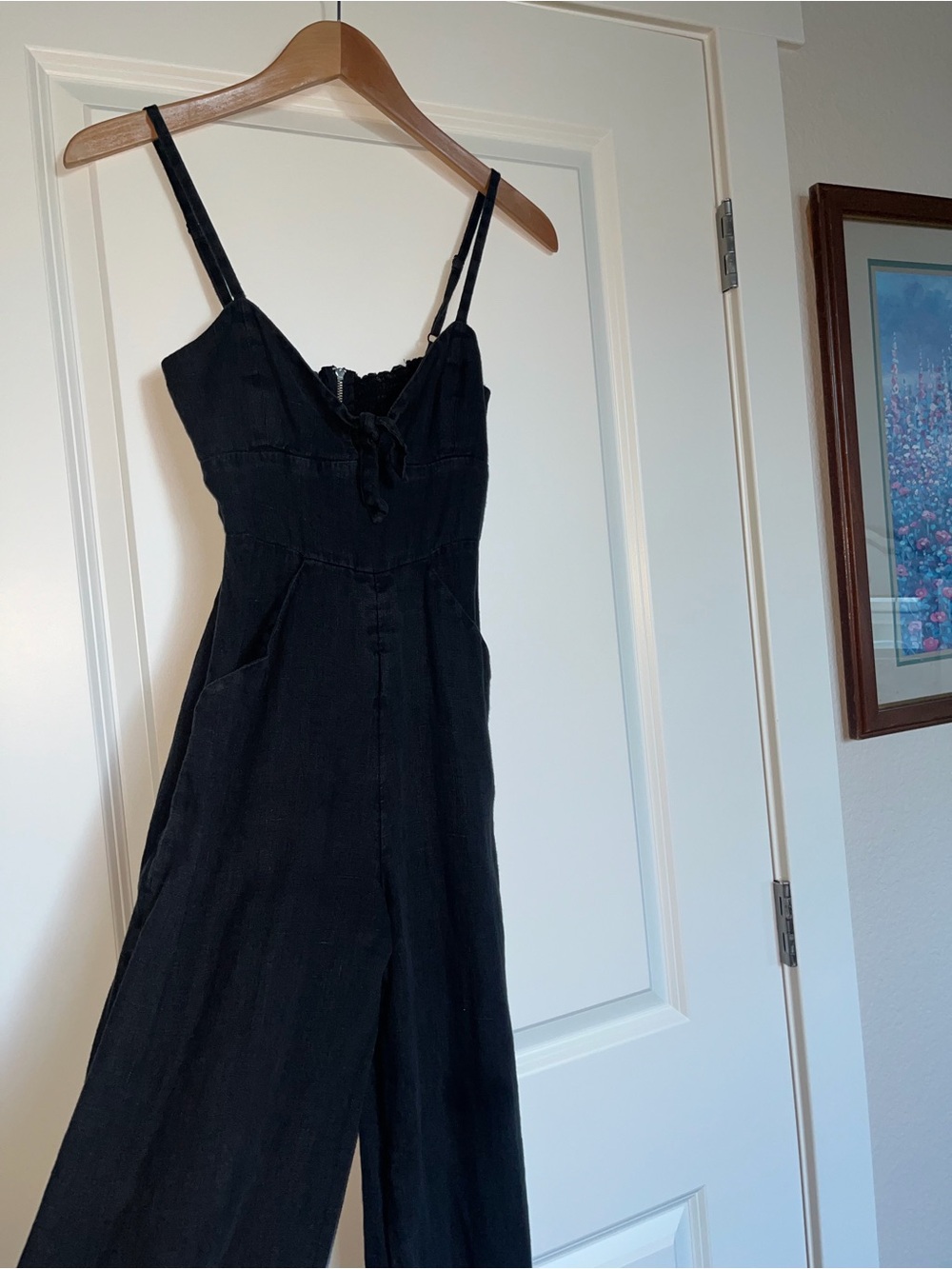 Reformation black linen spaghetti strap jumpsuit